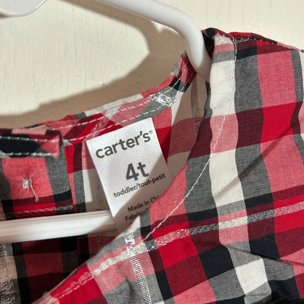 Carters Girls Plaid Long Sleeve Top Dress Metallic Black‎ Red White 4T